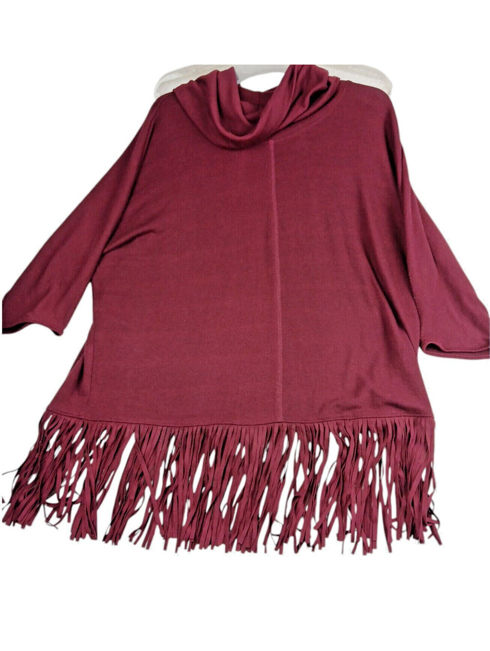 Terre Bleue Womens Burgandy Stretch Knit Pullover Cowl Neck Fringe Hem Medium